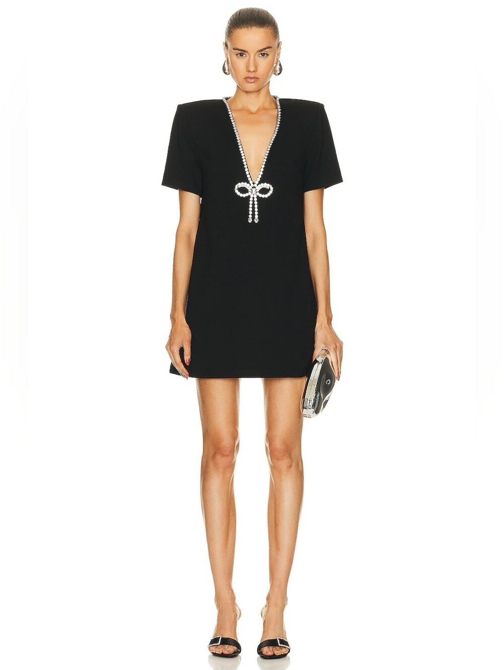 NWT $920 AREA Crystal Bow V-Neck T-Shirt Dress Small In Black/Grizzly